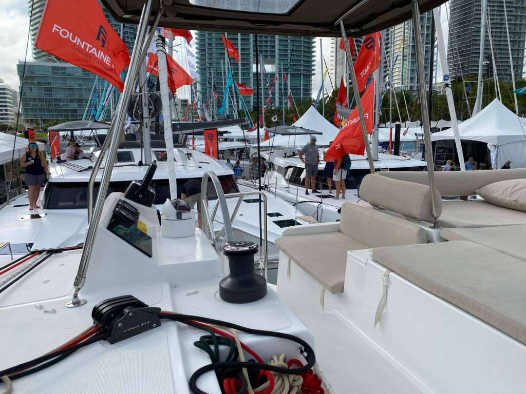 Bali Catspace flybridge view of marina with city skyline