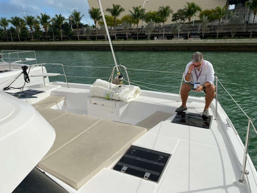 Bali Catspace foredeck lounging area with cushions and palm trees