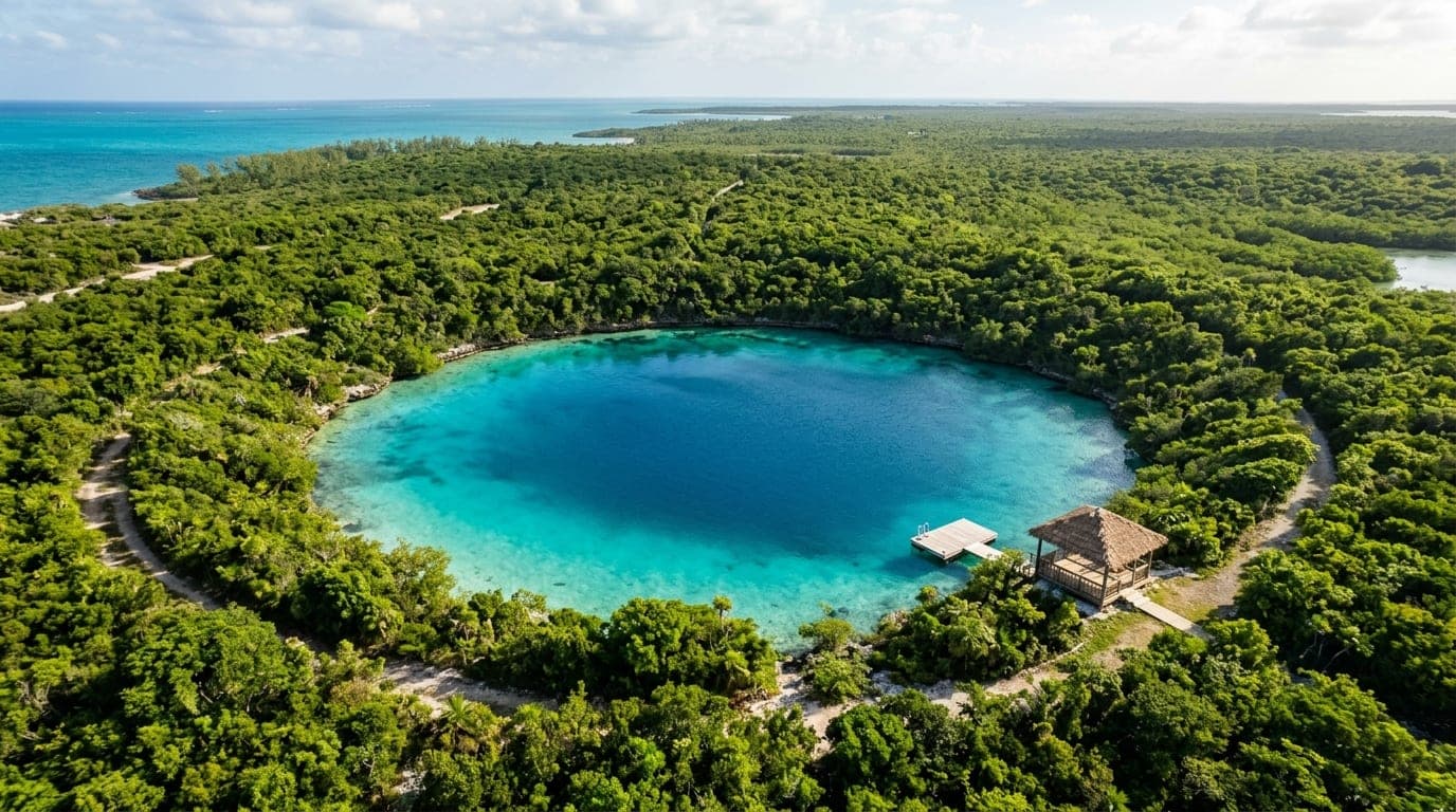 Aerial view of Captain Bill's Blue Hole showing the circular turquoise pool surrounded by green vegetation with the gazebo and dock visible at the edge