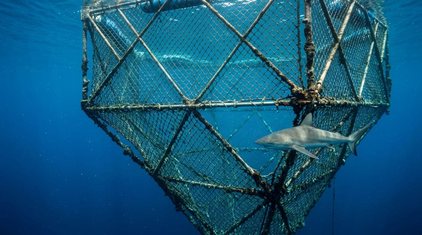 Diamond-shaped Cobia Cage floating in deep blue water with reef shark swimming past the geometric netting structure