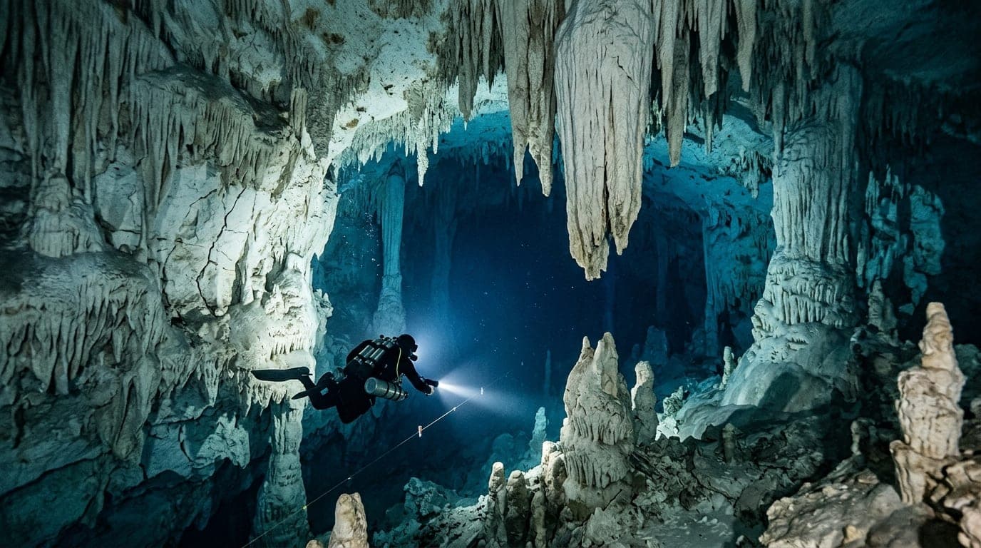Cave diver illuminating massive stalactite formations in the vast white limestone passages of El Dorado Blue Hole