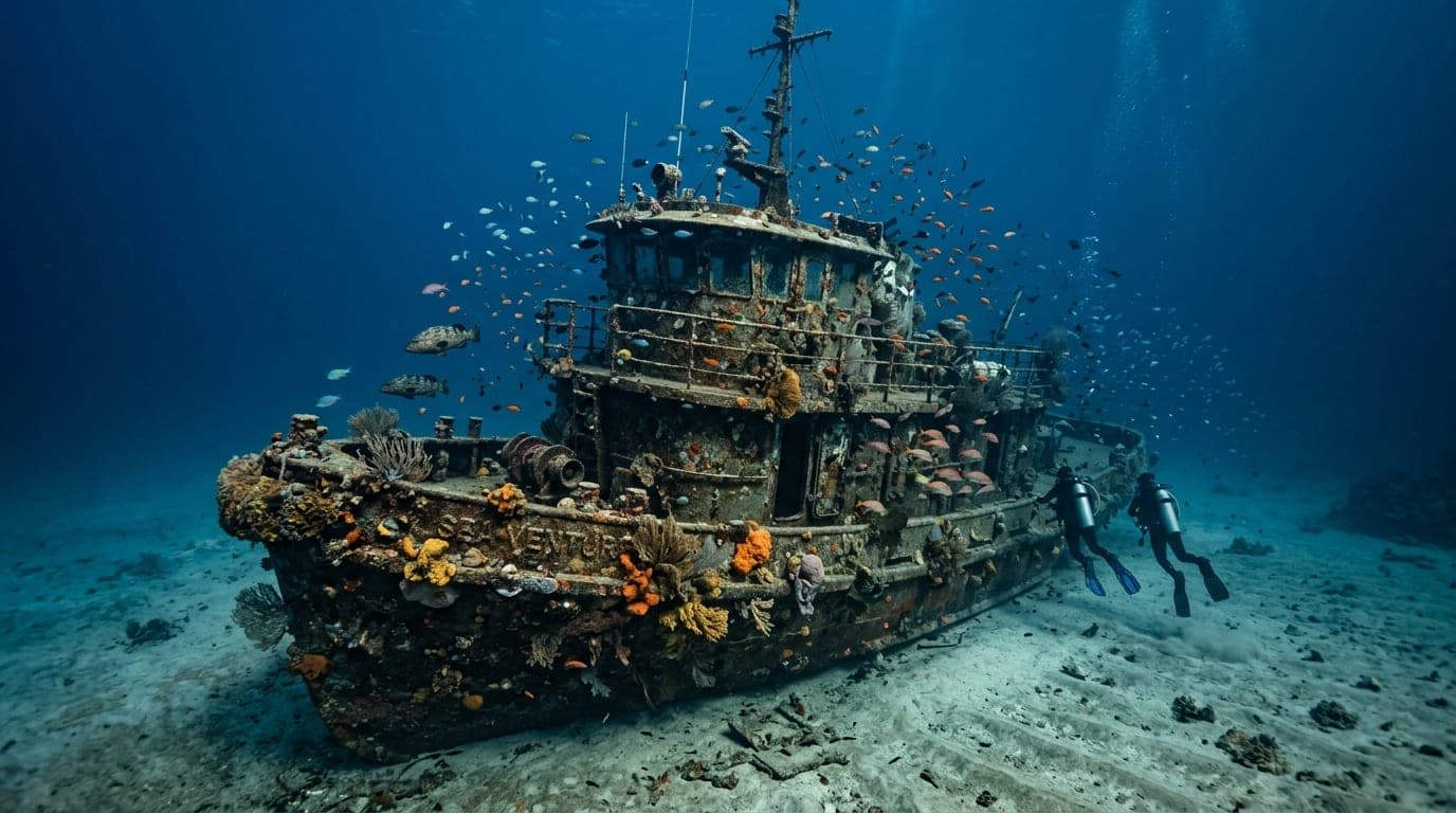 The intact triple-deck tugboat La Rose wreck sitting upright on the seabed with coral growth on its hull