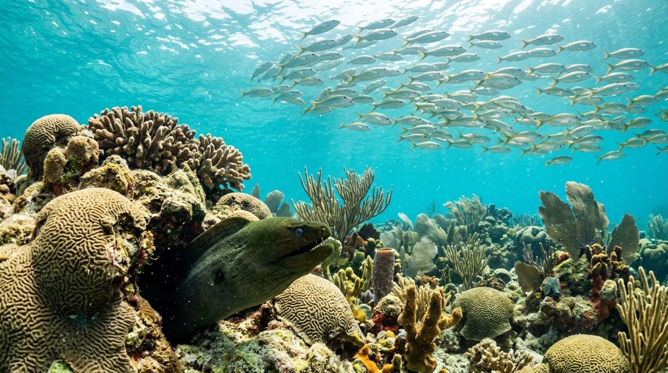 Green moray eel peering from coral crevice at Mermaid Reef with school of snappers swimming above star coral formations