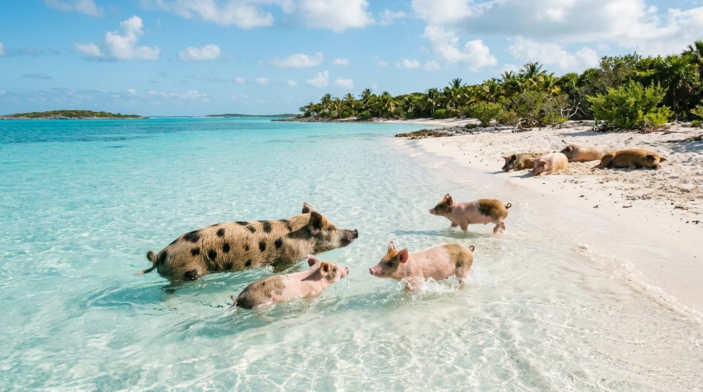 Friendly pigs wading and swimming in crystal-clear turquoise shallows off a sandy Bahamian cay