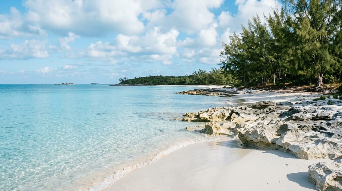 Calm turquoise shallows at Alabaster Bay Beach with white sand and distinctive pale rocks along the Central Eleuthera shore