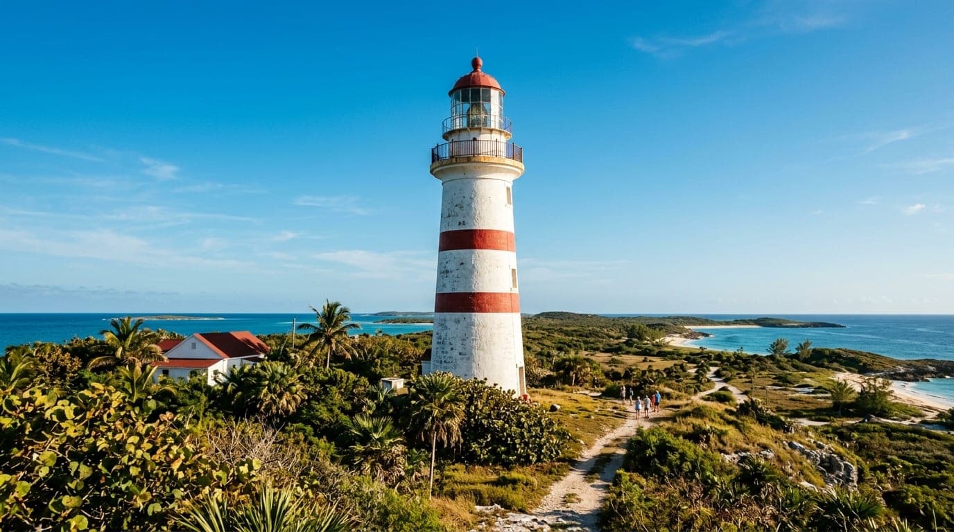 Historic Dixon Hill Lighthouse tower rising against blue sky on San Salvador island