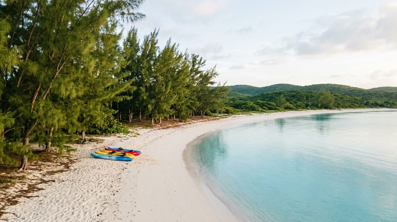 Calm turquoise water and white sand beach lined with casuarina trees at Fernandez Bay Cat Island Bahamas