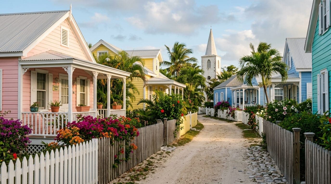 Pastel-coloured Loyalist clapboard houses and a quiet lane in historic New Plymouth, Green Turtle Cay, Abaco