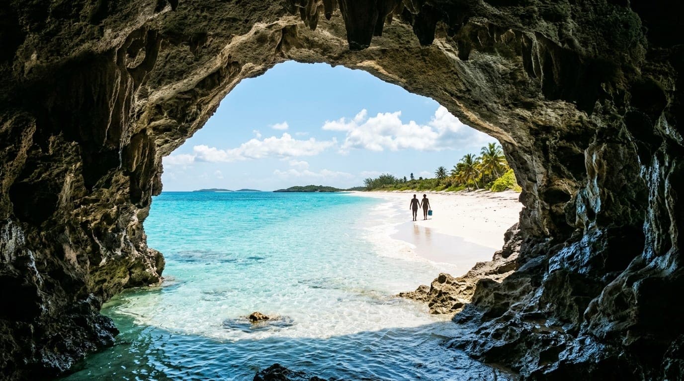 Wave-carved sea grotto opening onto white sand beach at Sandy Point San Salvador Bahamas