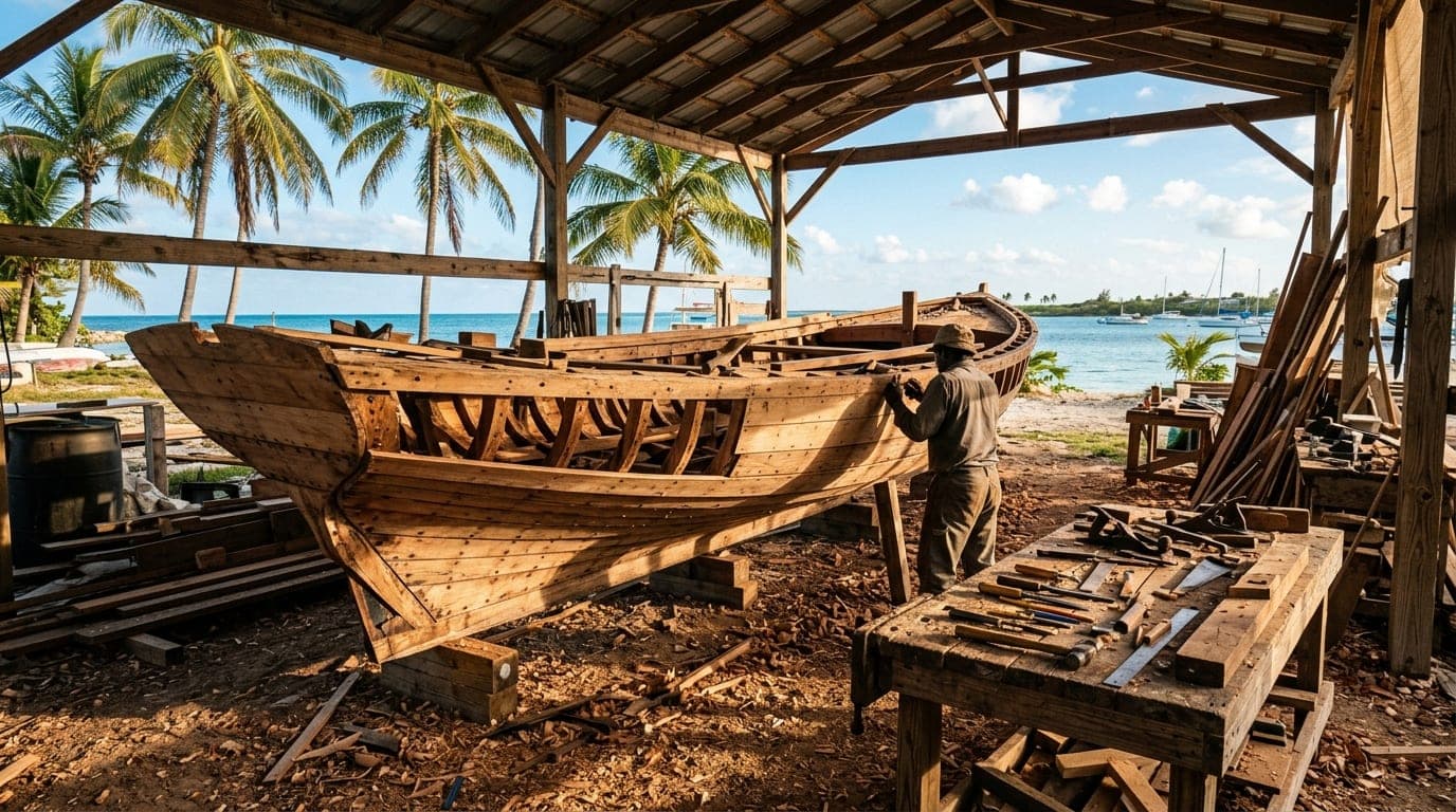 Traditional wooden fishing sloop under construction at the Kemps Bay boatyard with craftsman's tools visible
