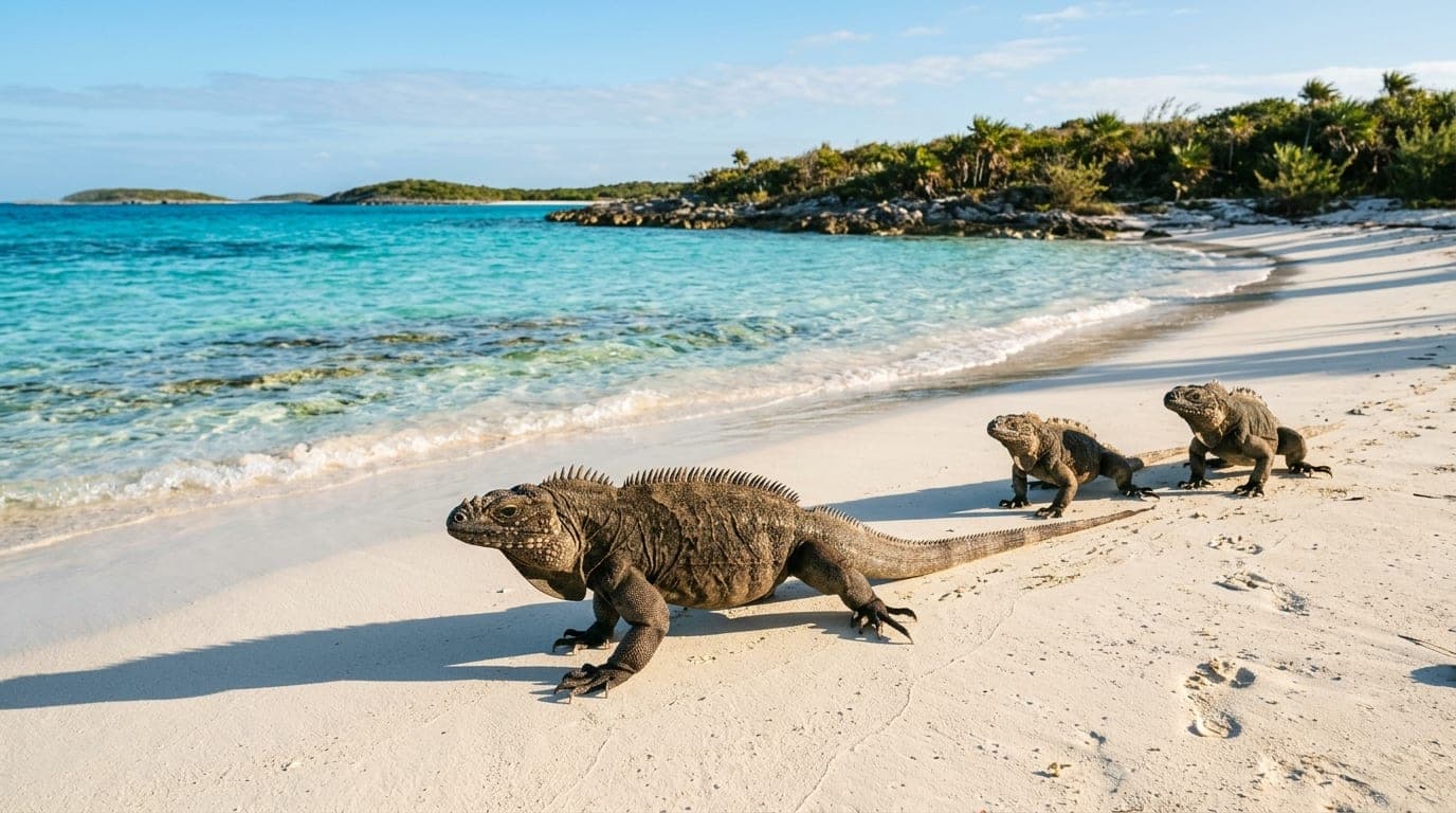 Bahamian rock iguanas walking on white sand beach with turquoise water at Leaf Cay Exuma