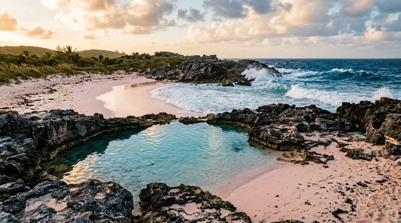 Pink-tinged sand cove with natural rock pool at Love Beaches Long Island Bahamas Atlantic coast