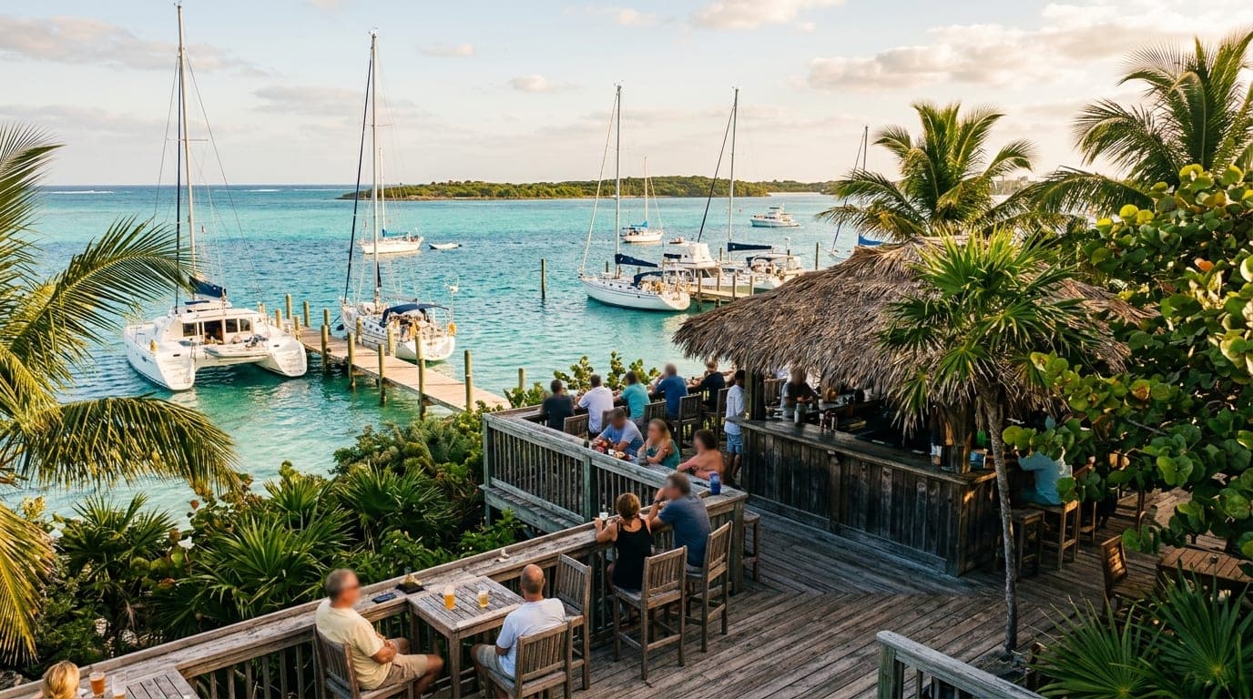 Elevated wooden deck and bar at Cracker P's overlooking the turquoise Sea of Abaco with boats tied at the dock below and Tilloo Cay visible in the distance
