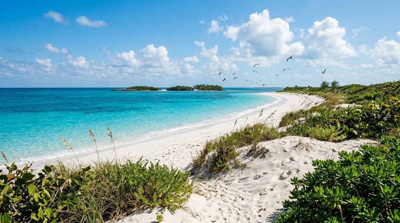 Pristine beach dunes and turquoise water at Moriah Harbour Cay National Park with mangroves visible in the distance