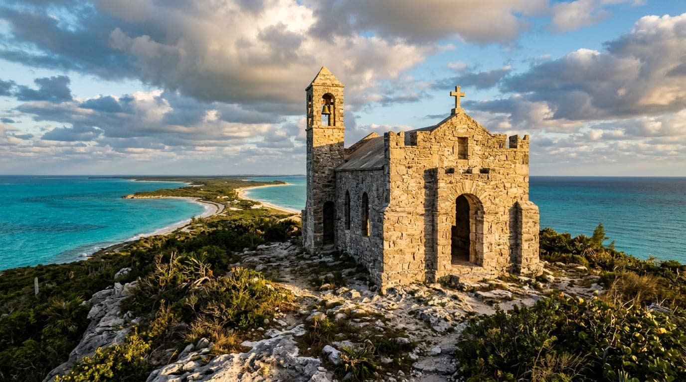 Stone Hermitage perched atop Mt Alvernia on Cat Island Bahamas with panoramic ocean views in both directions