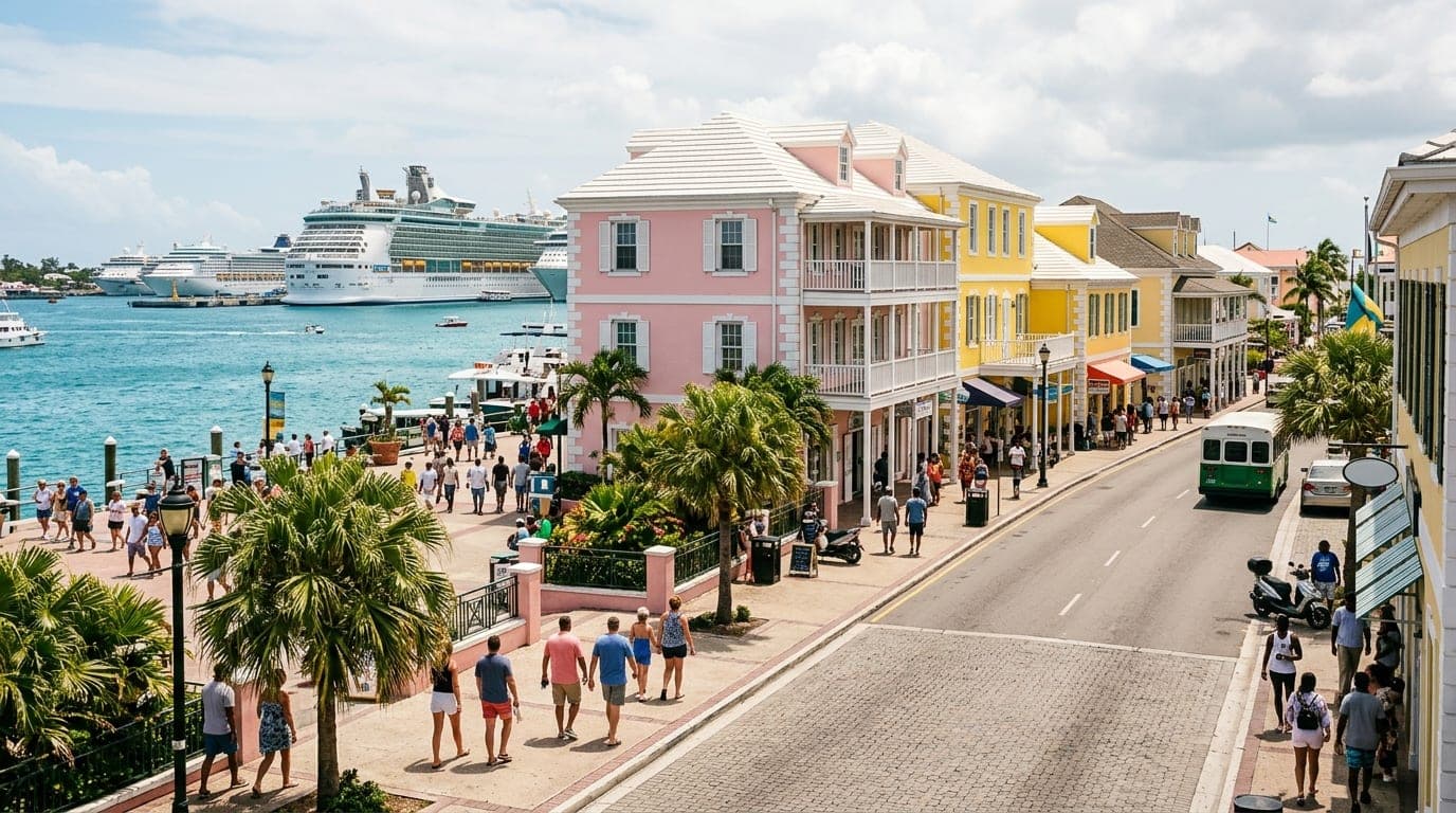 Pastel colonial buildings along Bay Street in downtown Nassau with the harbour and cruise ships in the background