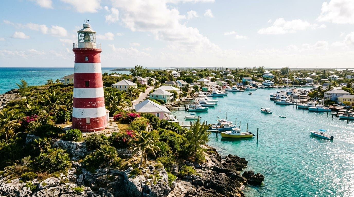Pinder's Point lighthouse with distinctive red and white horizontal stripes standing against a blue sky on Grand Bahama's coast