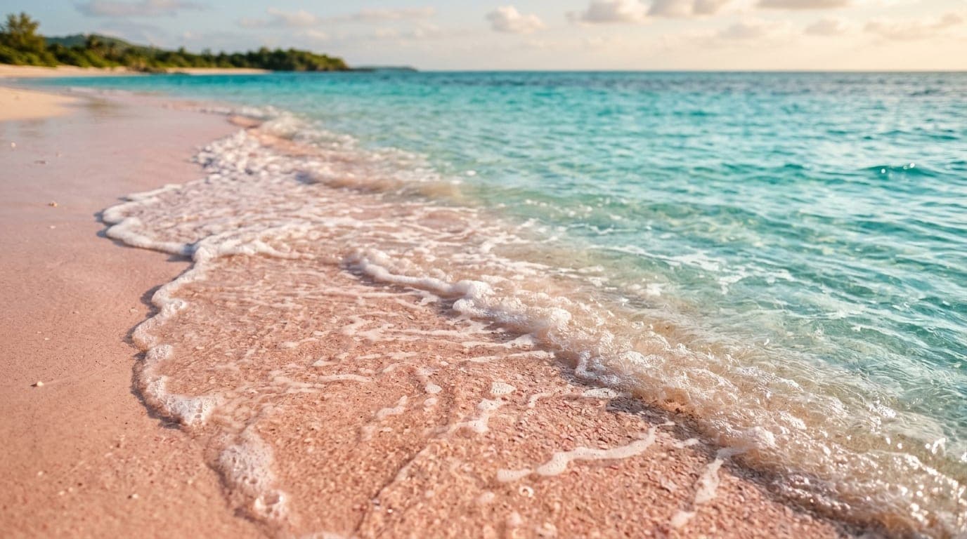 Close view of pink-tinged sand and turquoise Atlantic water at Pink Sands Beach, Harbour Island, Bahamas
