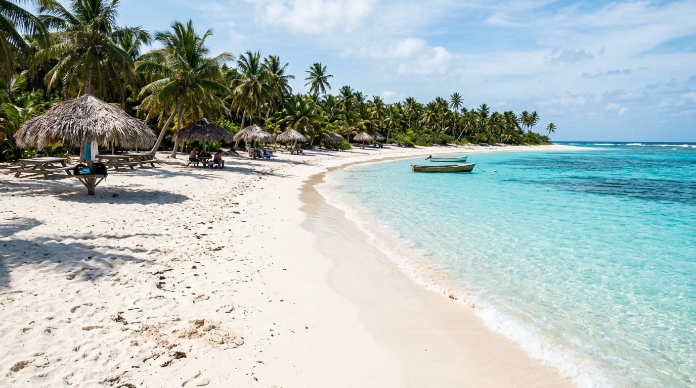 Calm turquoise Caribbean water at Rainbow Bay Beach with white sand and thatched shade structures along the shore