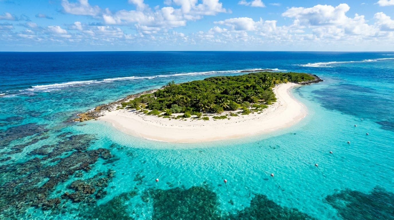 Aerial view of Sandy Cay in Pelican Cays Land and Sea Park, showing the small uninhabited island surrounded by turquoise waters and coral reef formations