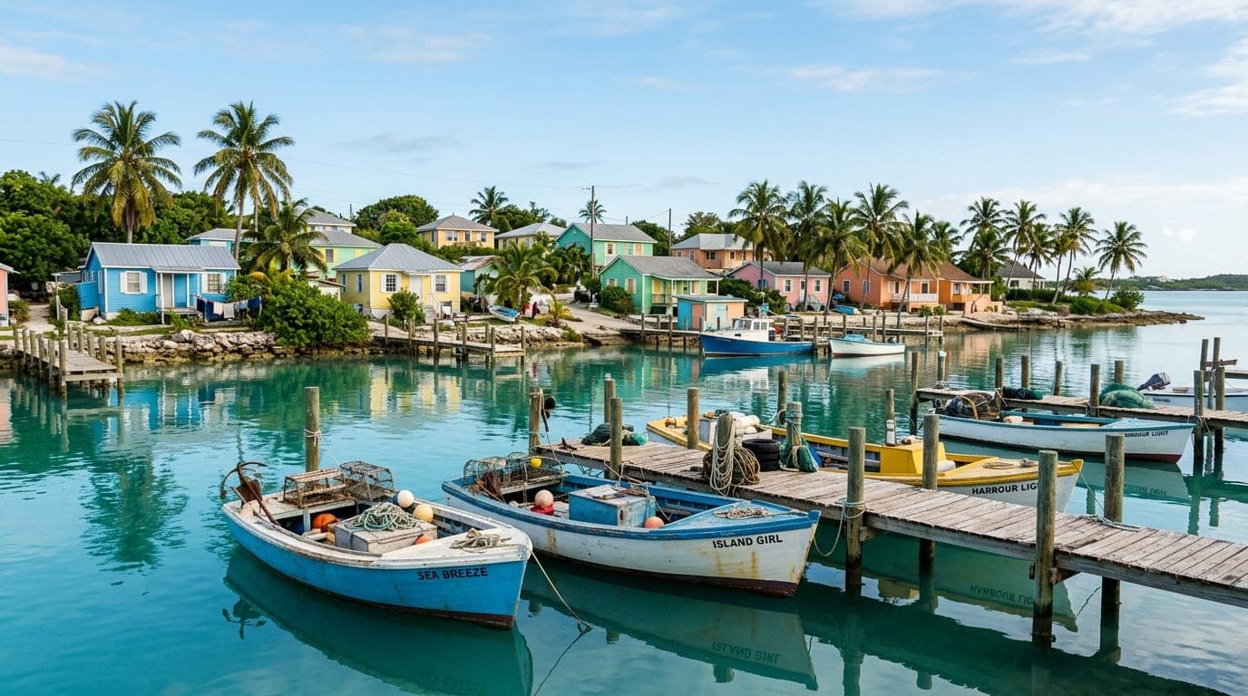 Traditional Bahamian fishing boats moored in Sandy Point harbour with colorful village houses visible along the waterfront