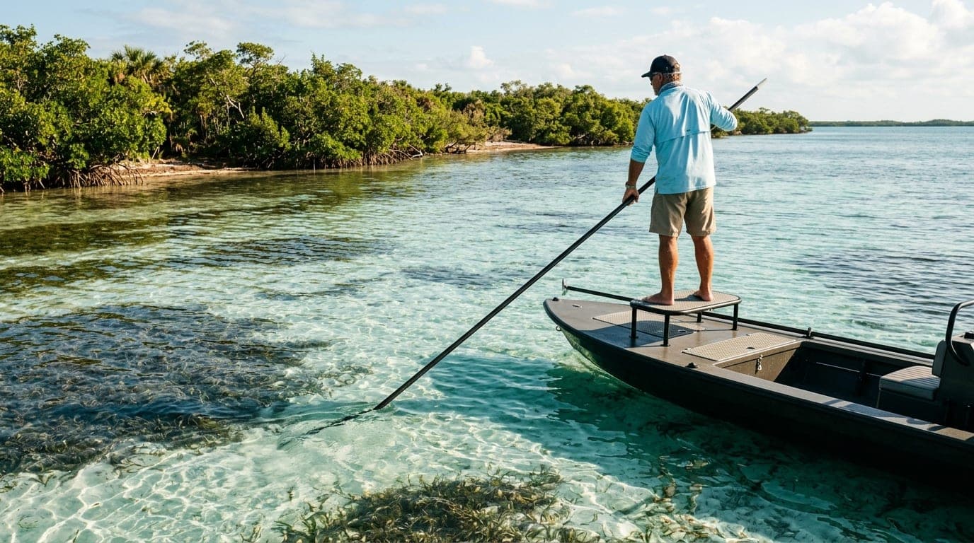Bonefishing guide poling a flats skiff through crystal-clear shallow water near Savannah Sound, Eleuthera
