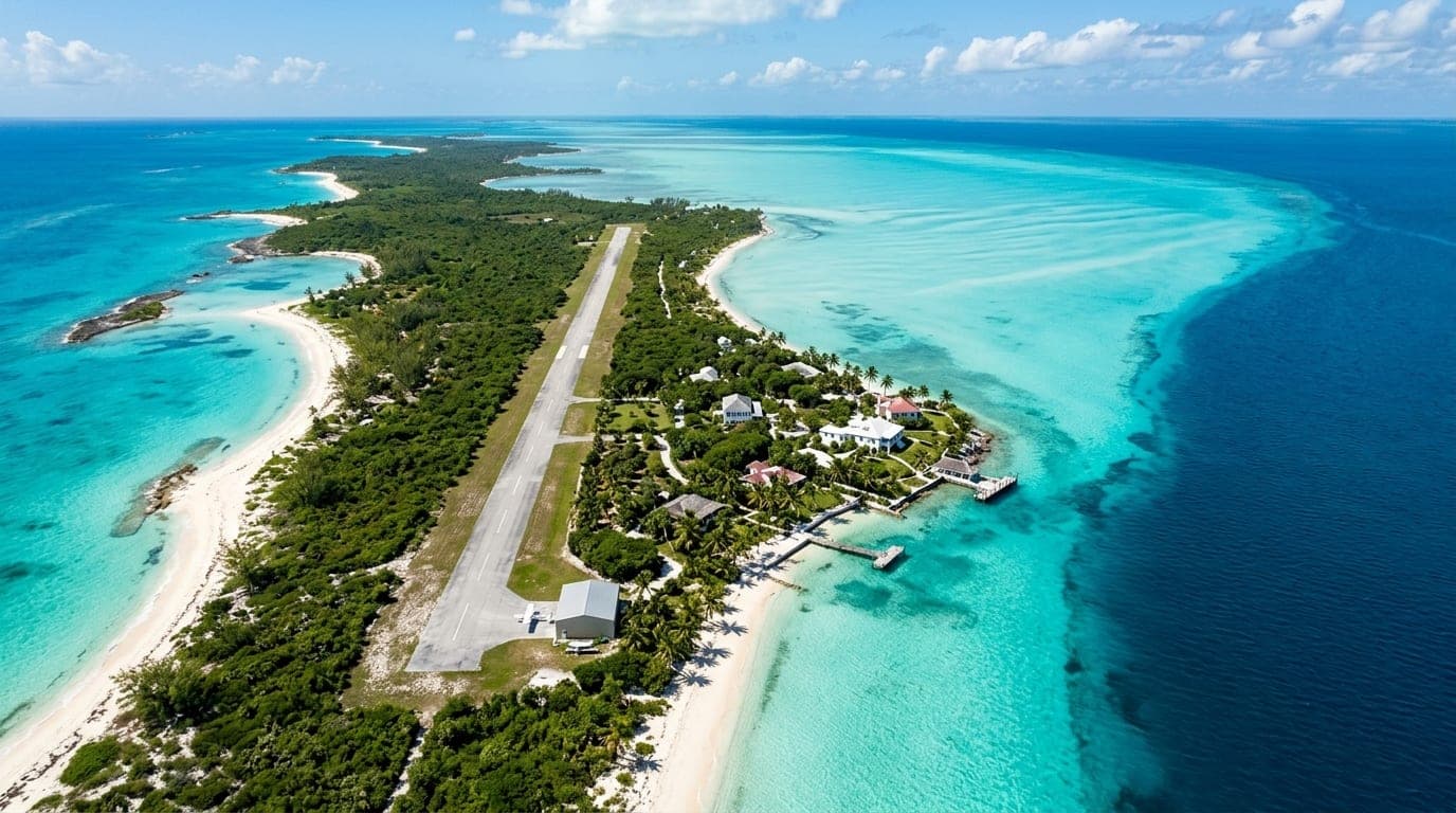 Aerial view of Whale Cay private island in the Berry Islands Bahamas showing airstrip and historic estate