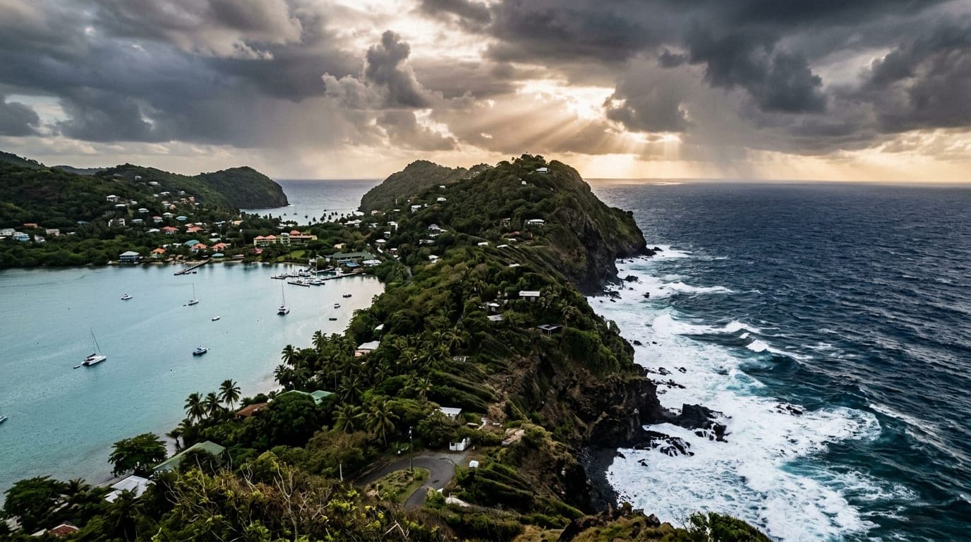 View from Whale Point peninsula showing dark Atlantic waves crashing on rocky shores with calm turquoise harbour water visible on the opposite side