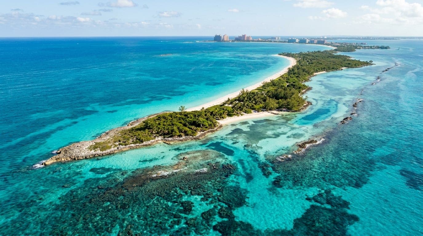 Uninhabited Athol Island with turquoise waters and visible coral reef formations in the Sea Gardens marine sanctuary