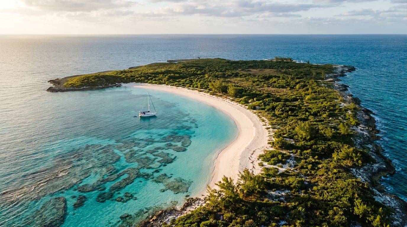 Aerial view of Conception Island showing West Bay Beach, turquoise waters, and uninhabited wilderness stretching to the horizon
