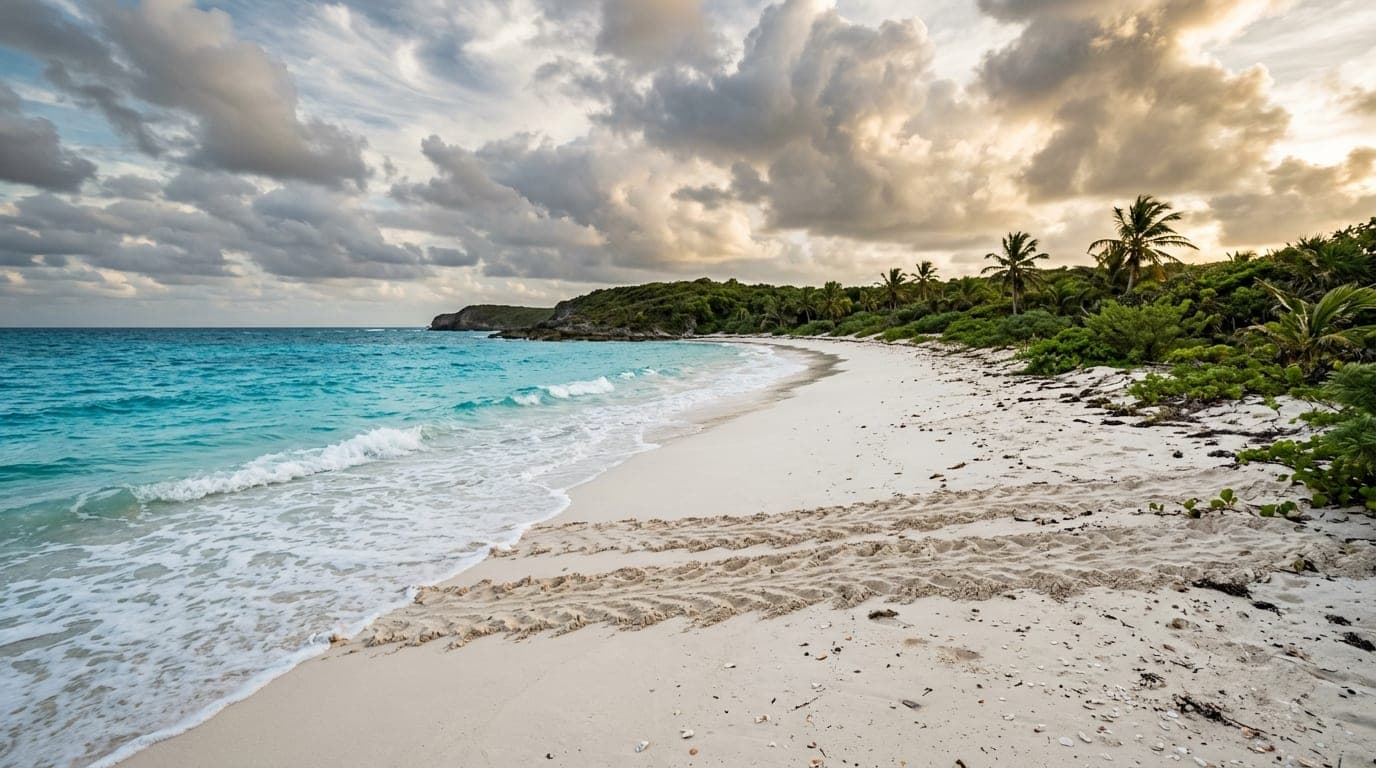 Pristine beach on Little Inagua with sea turtle tracks leading to the vegetation line and wild natural coastline stretching into the distance