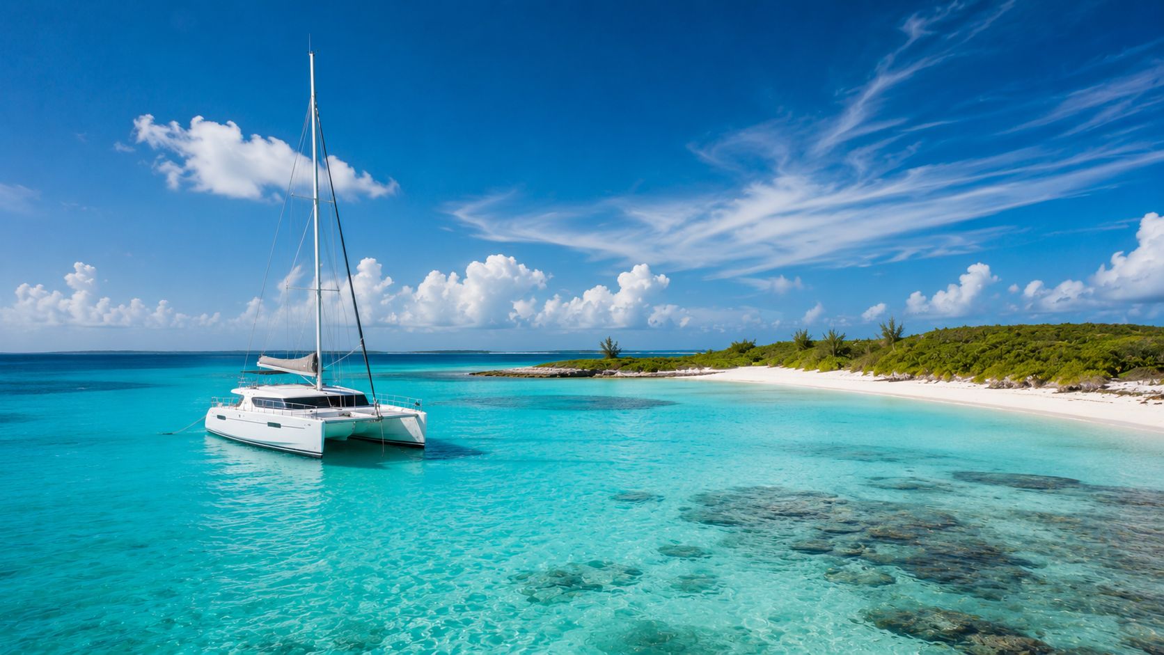 A lone catamaran anchored in a pristine, remote turquoise lagoon beside an empty white-sand cay in the outer Abacos