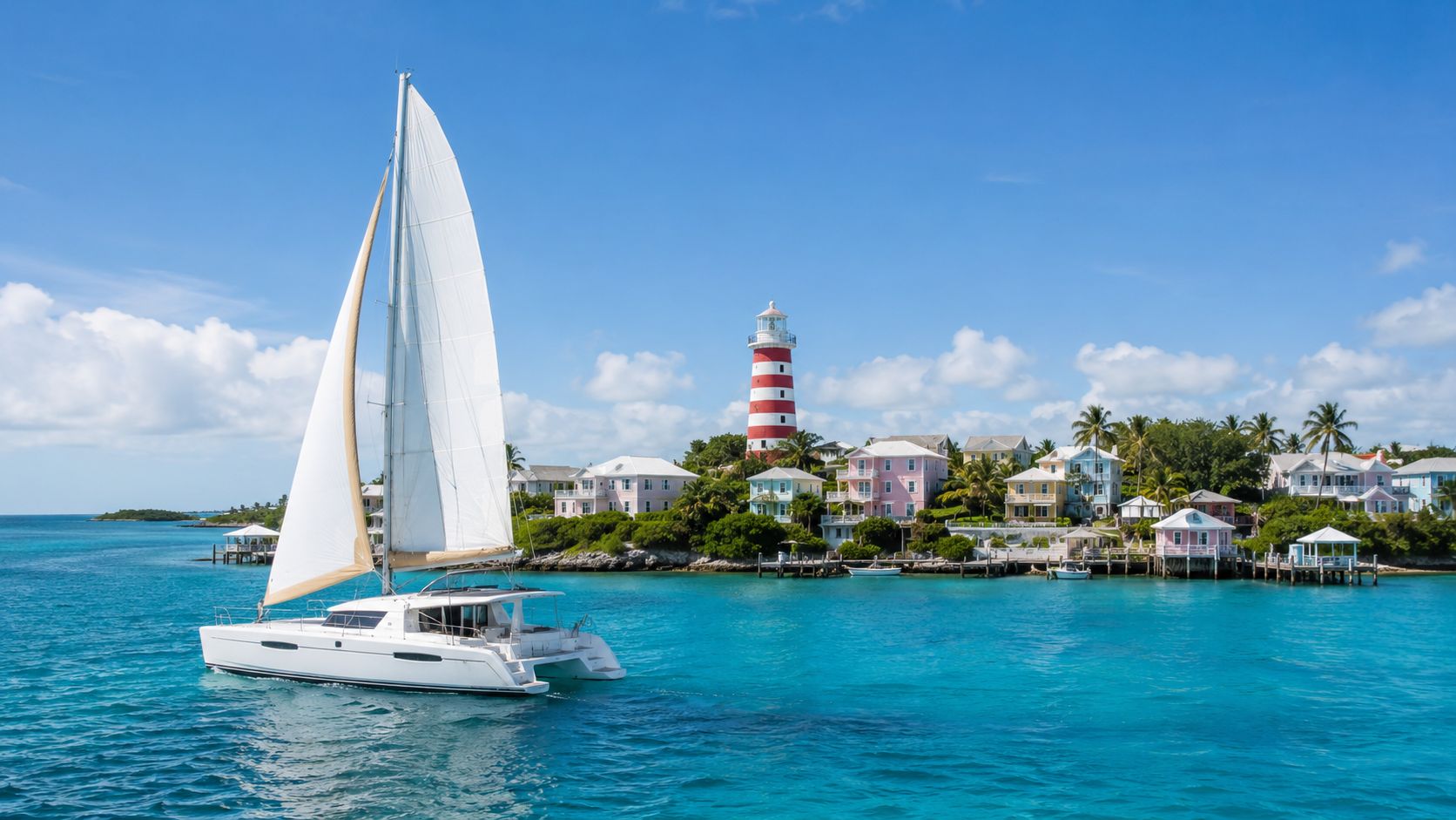 A sailing catamaran cruising past the candy-striped Hope Town lighthouse on Elbow Cay, with pastel waterfront cottages along the turquoise harbour