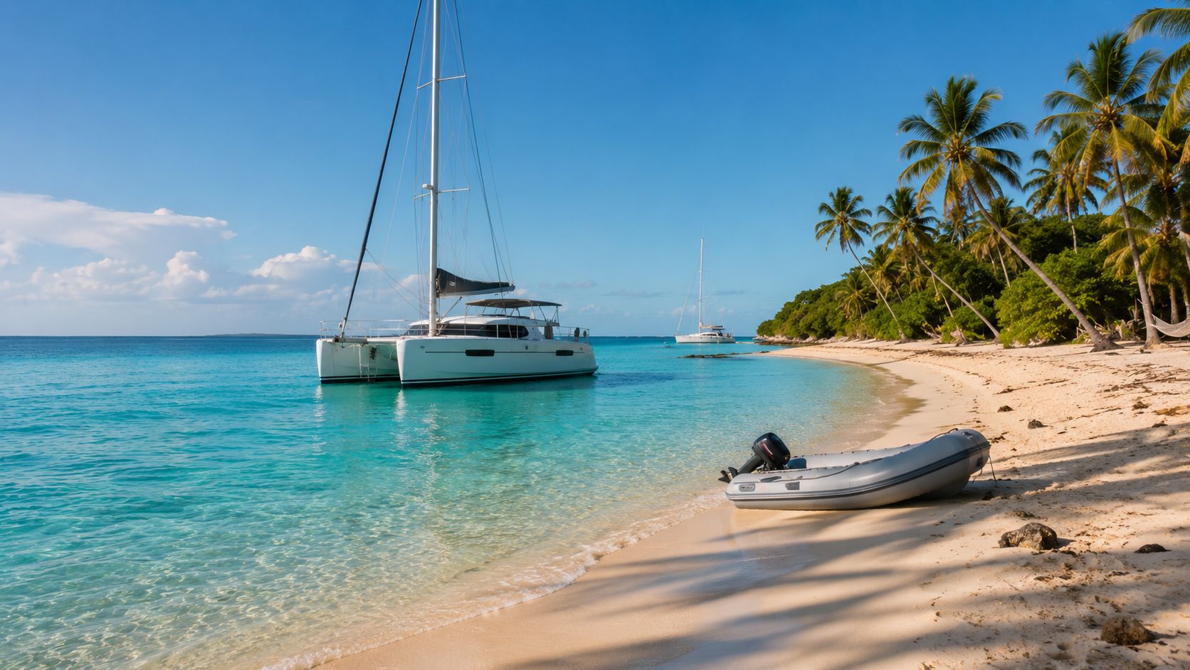 A catamaran anchored off a palm-backed white-sand Abacos beach with a dinghy pulled up on the sand and clear turquoise water