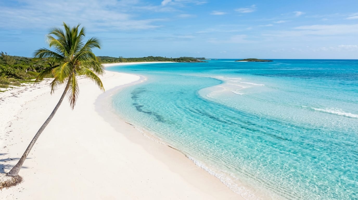 A pristine empty white-sand Bahamian beach curving along clear turquoise water with a lone palm
