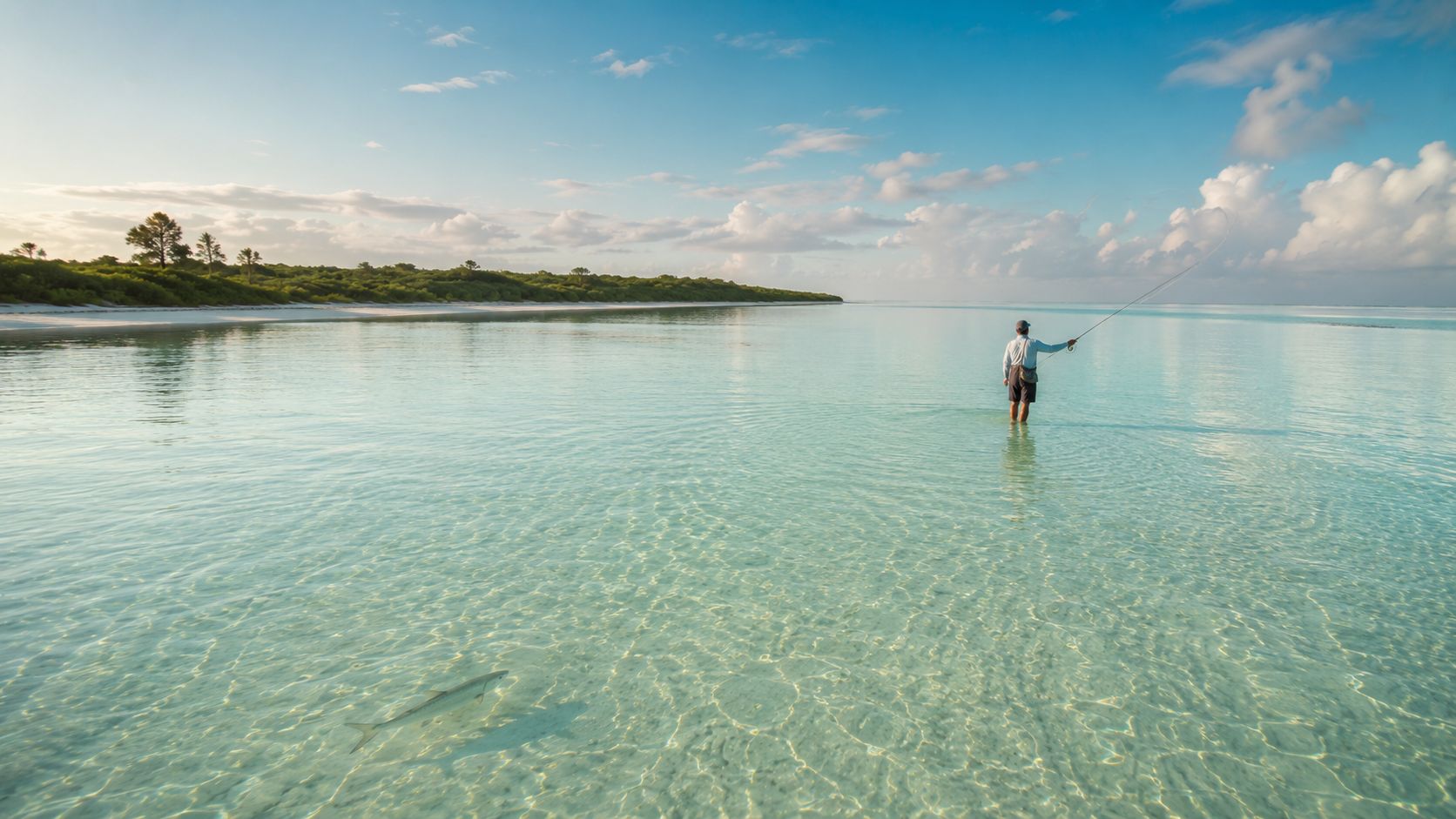 An angler wading a mirror-clear shallow sand flat in the Abacos, fly rod casting toward a distant green shoreline