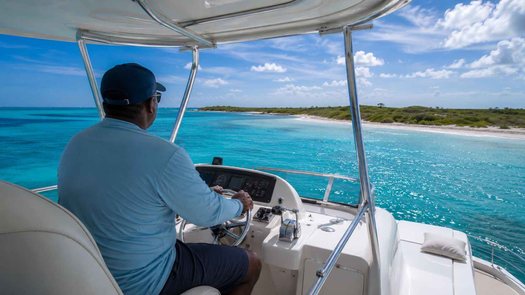 A local captain at the flybridge helm of a catamaran, steering across clear turquoise Abacos water toward a sandy cay