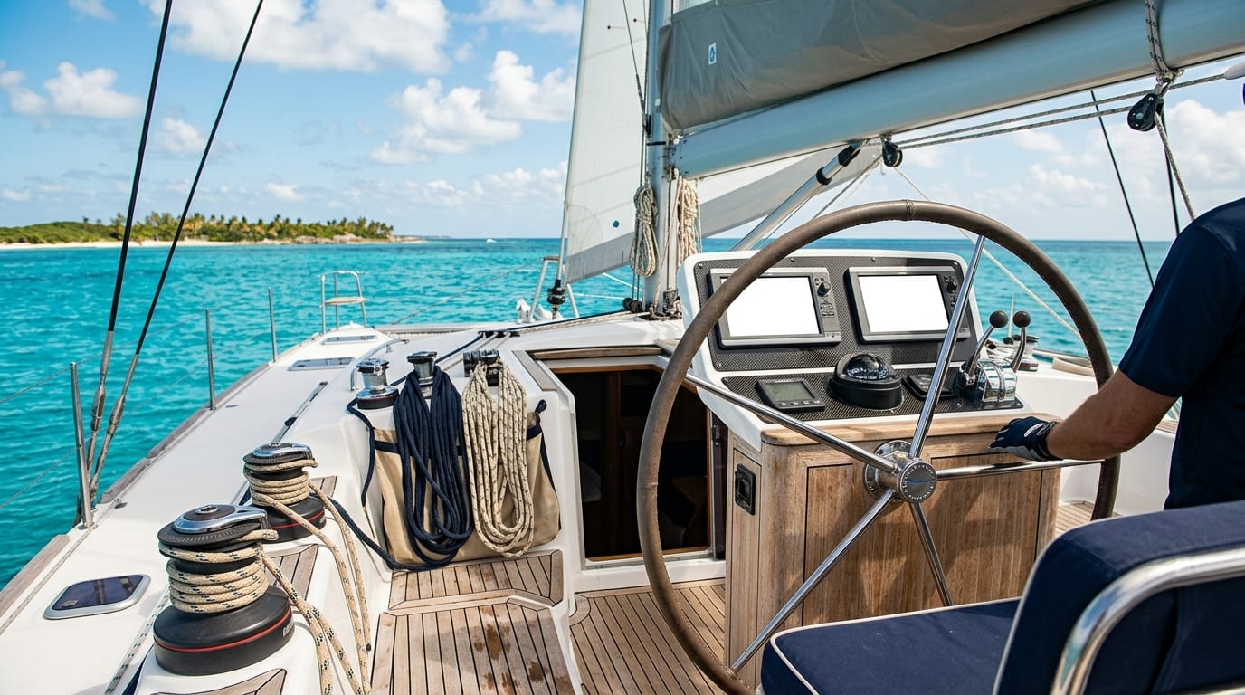 The polished helm and wheel of a sailing catamaran with open turquoise Bahamian water beyond