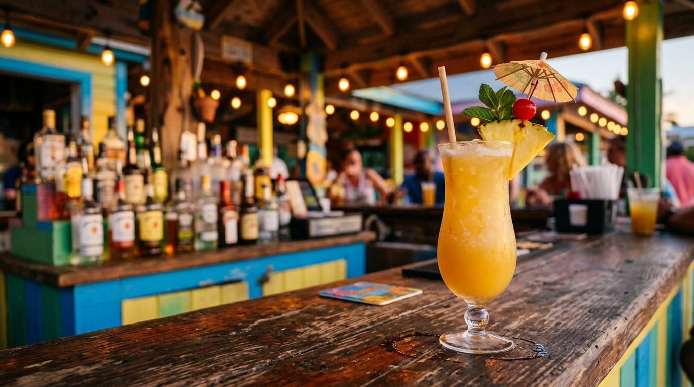 A frosty yellow-orange Goombay Smash rum cocktail on the counter of a colourful Bahamian beach bar