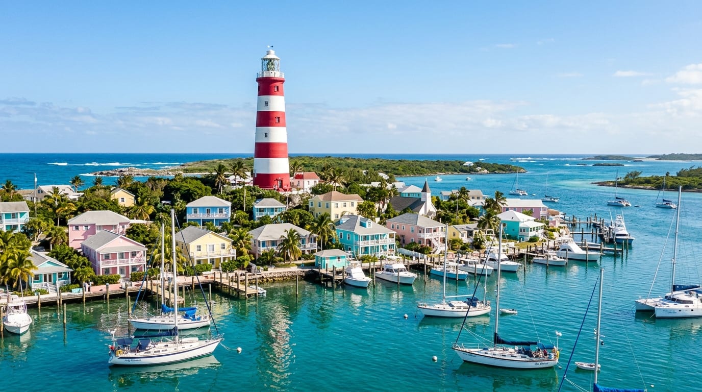 An iconic red-and-white candy-striped lighthouse above a pastel harbour village with moored sailboats