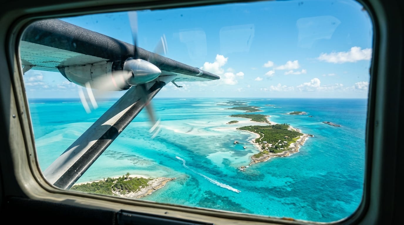 View from a small island-hopper plane wing over brilliant turquoise shallows and scattered green Bahamian cays