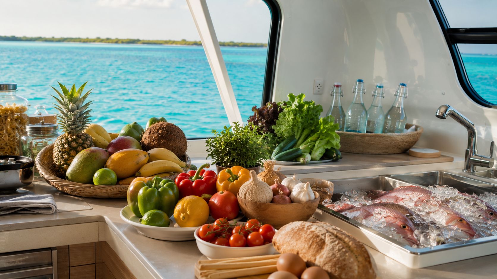 A catamaran galley counter laid with fresh provisions — tropical fruit, vegetables, bread, eggs and fresh fish on ice — with the turquoise sea through the window