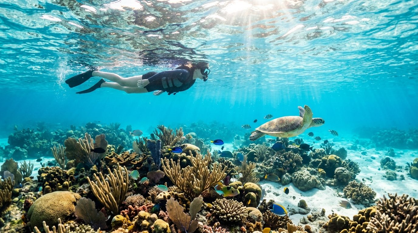 A snorkeler glides above a vibrant Bahamian coral reef in clear turquoise water as a green sea turtle swims nearby