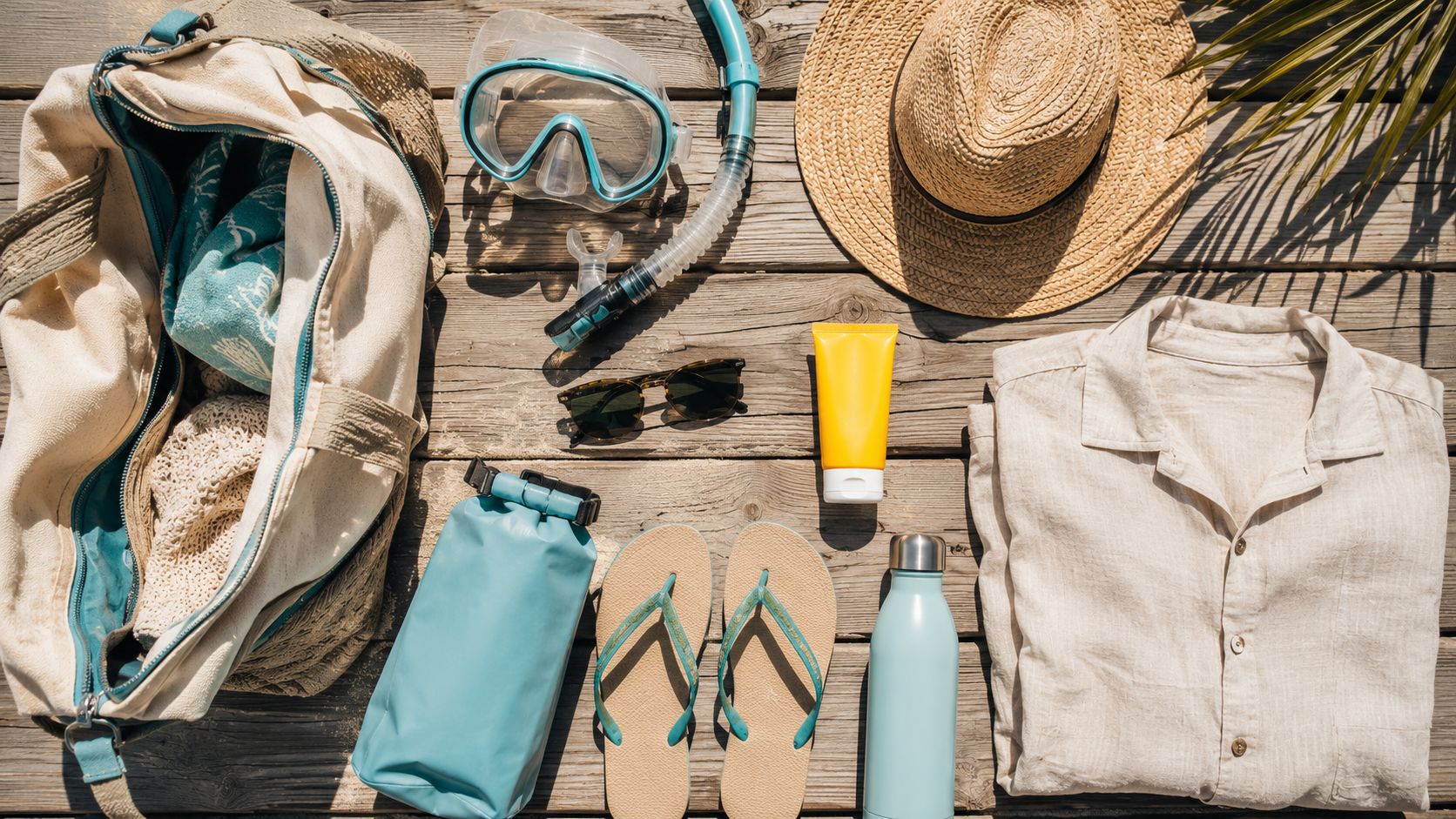 A flat-lay of sailing-trip essentials on a wooden deck: a duffel bag, snorkel mask, straw hat, sunglasses, reef-safe sunscreen, flip-flops, a water bottle and a linen shirt