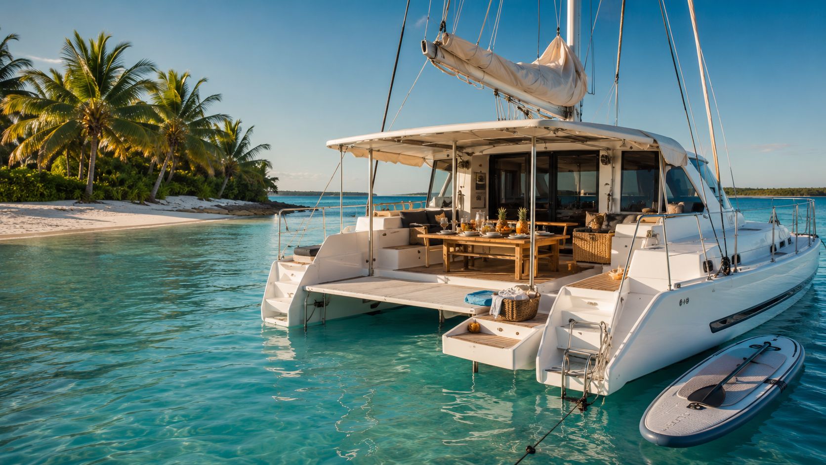 A 40-foot sailing catamaran anchored in turquoise water beside a palm-fringed white-sand cay, its shaded aft deck set with seating and a paddleboard floating alongside