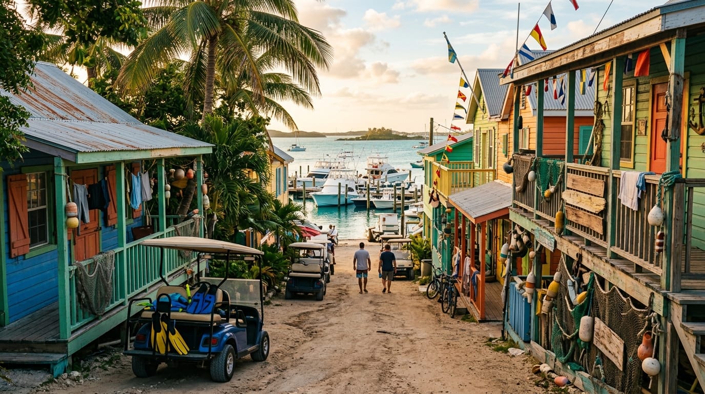 Colorful waterfront buildings along King's Highway in Alice Town with fishing boats moored in the harbor