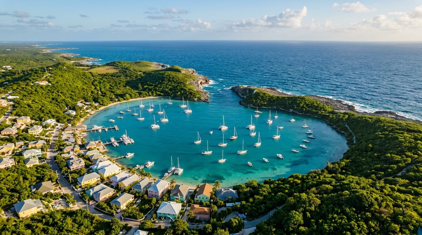 View of Hatchet Bay harbor from above, showing the protected circular anchorage and narrow entrance cut through rock
