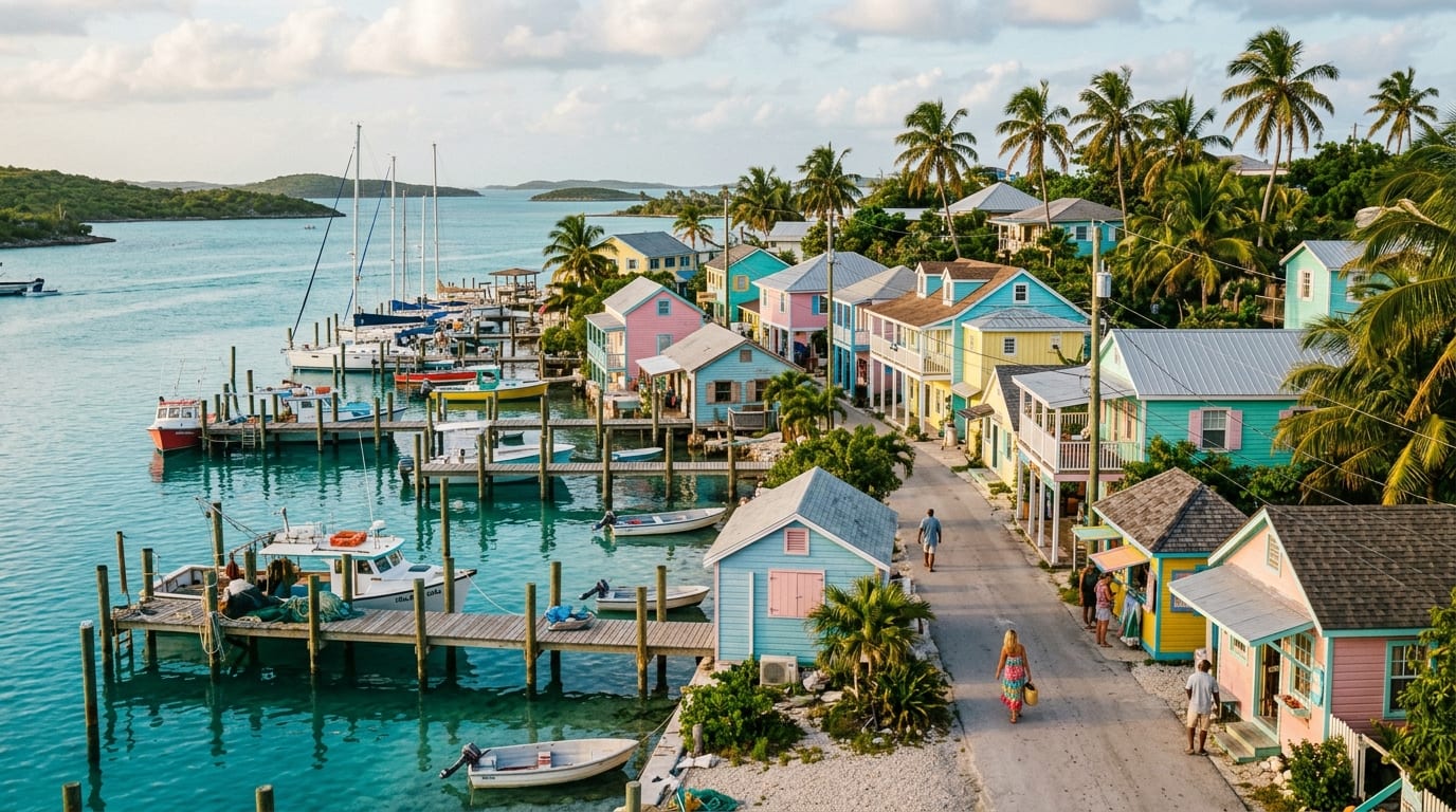 Colorful waterfront buildings and docked boats along the King's Highway in Alice Town, Bimini, with palm trees and clear blue sky