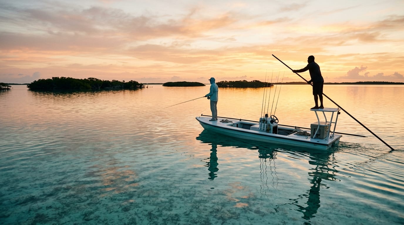 Flats skiff with guide poling across the crystal-clear shallow waters near Behring Point at sunrise