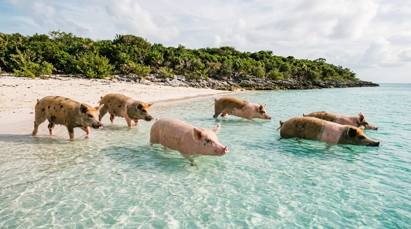 Swimming pigs wading in crystal-clear turquoise shallows at Big Major Cay with white sand beach and scrubby vegetation in the background